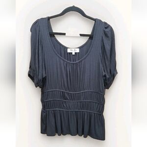 Moka Black Peasant Boho Layered Puff Sleeve Top, Elastic Waist, Size Med